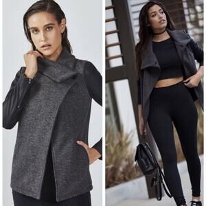 Fabletics Women's Milano Coat Large‎ Gray Black Faux Leather Zip Sleeves Jacket